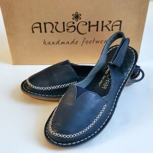 Anuschka Navy Leather Slingback Mules Flats 37 (US 6–6.5) NIB Handmade
